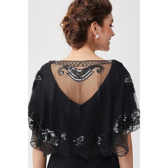 🆕 Women Black Sequin Beaded Evening Cape Bridal Shawl Bolero Flapper Cover Up - Picture 4 of 6